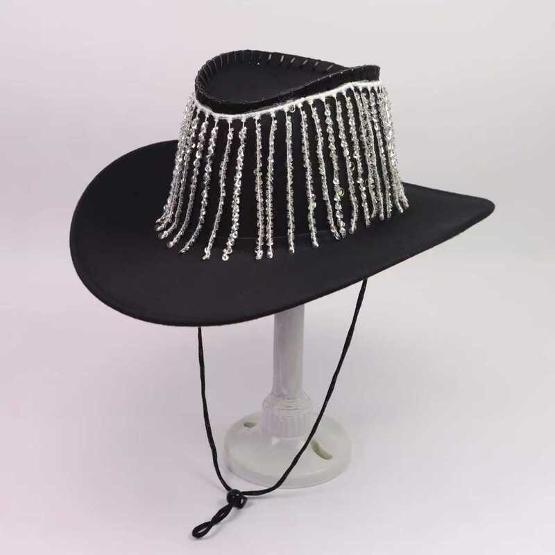 Cross-Border Double-Layer Rhinestone Tassel Western Cowboy Hat, Wedding Disco Party Tassel Tie-Back Wedding Hat Cross-Border Double-Layer Rhinestone Tassel Western Cowboy Hat, Wedding Disco Party Tassel Tie-Back Wedding Hat