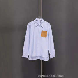 高版本 潮牌LOE家24SS新款logo皮牌口袋拼接宽松百搭条纹长袖衬衫
