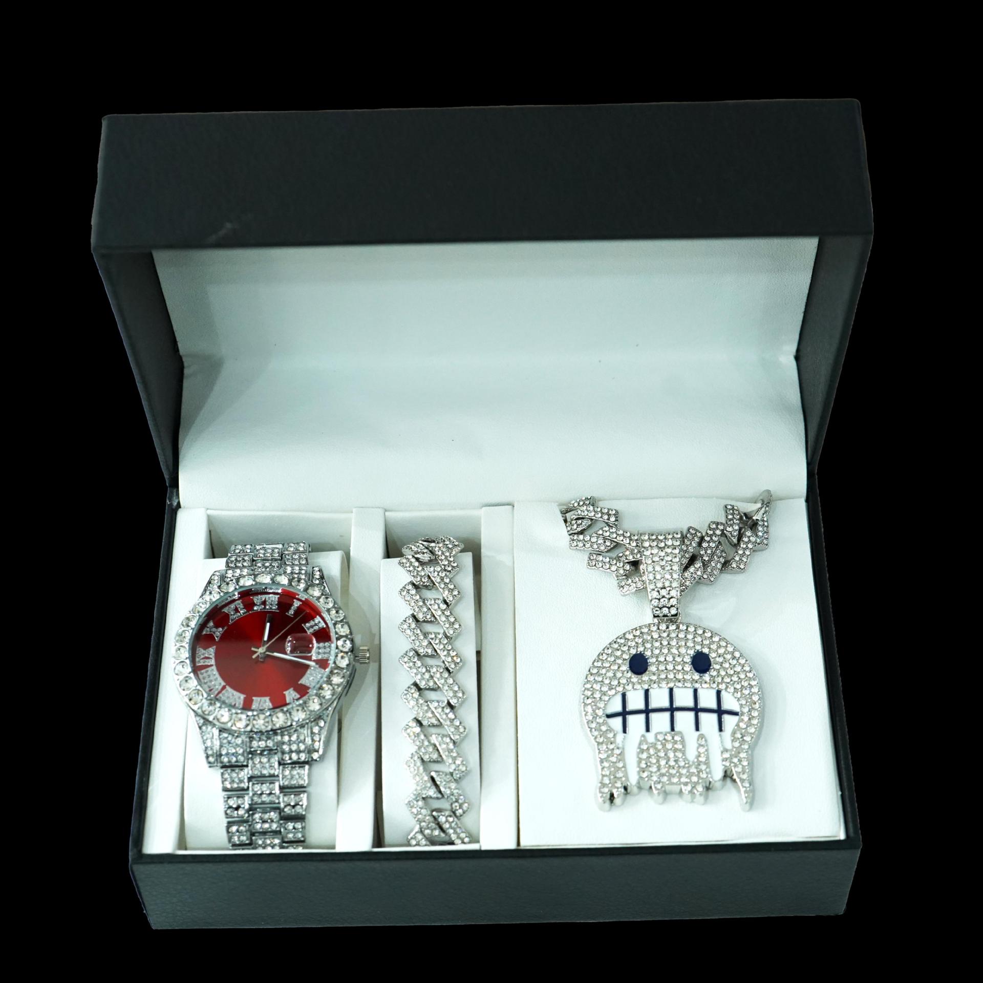 Aleación de alta calidad de moda de diamante de hielo cara colgante de collar de cadena cubana pulsera color reloj conjunto de joyas