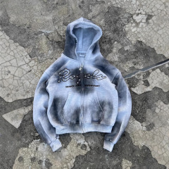 3D数码印花欧美外贸手工做旧扎染渐变高级感痞帅拉链卫衣外套男女