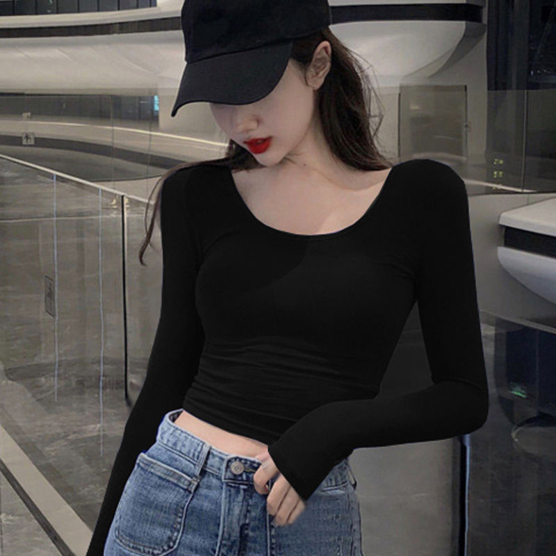 2025 Spring and Summer Short Navel Top Women's Slim Sexy Bottoming Shirt with Solid Color Cotton Long Sleeve T-Shirt Women's Clothing