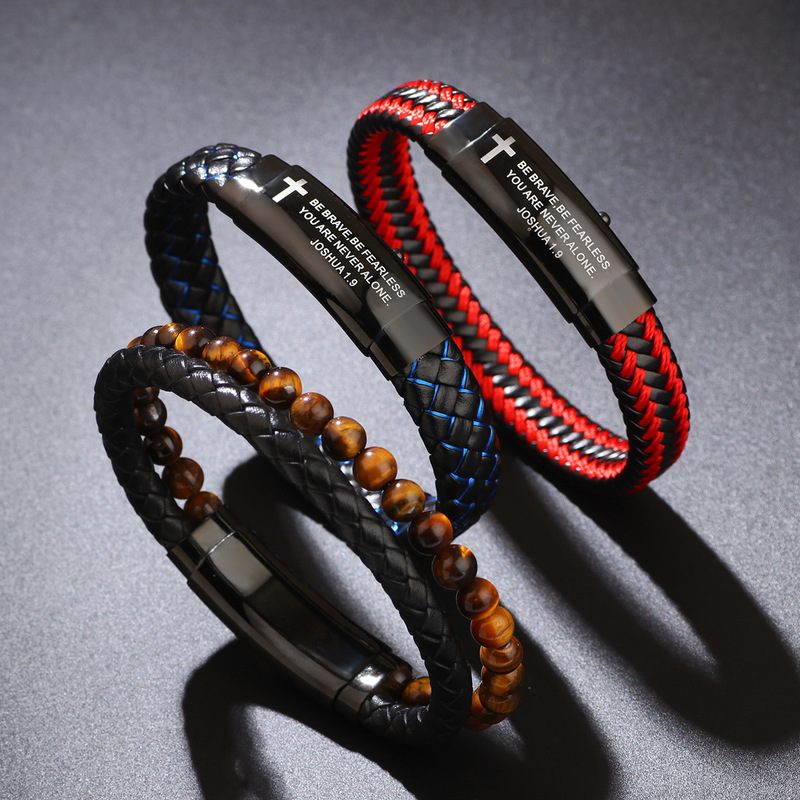 Cross-Border Hot-Selling Wwjd Men's Inspirational Woven Leather Hand Rope Webbing Adjustable Bracelet Engraved Handmade Bracelet