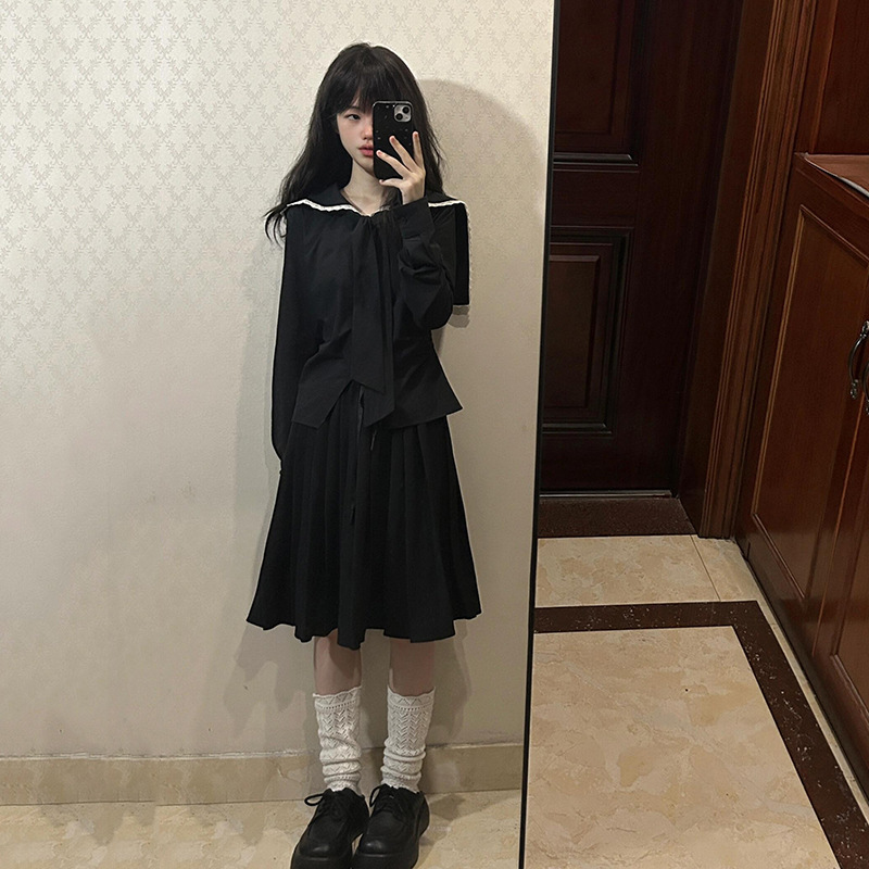 秋季学院风海军领衬衫套装女秋小个子巨好看的早秋一整套日系穿搭|undefined