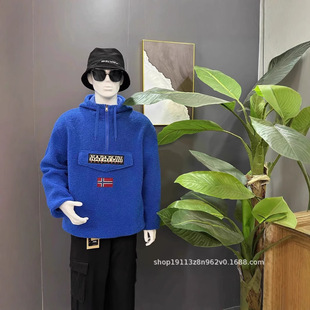 Napapijri Lambswool Hooded Pullover Unisex Loose Fit Korean Style Wool Sweater Thickened and Warm