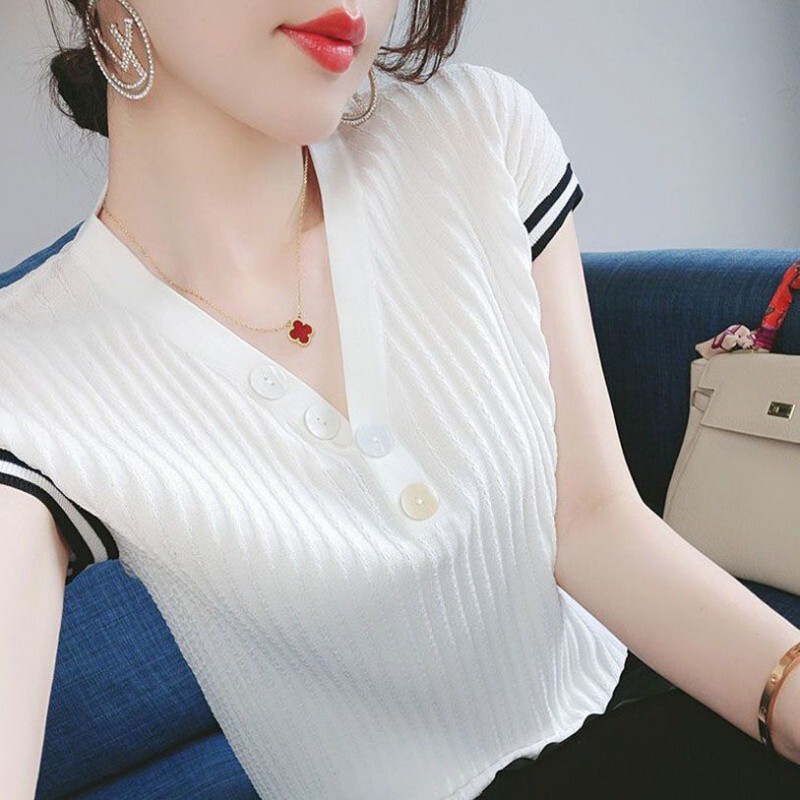 女性用ゆったりスリム半袖シャツ、夏の新作ニットアイスシルク、ファッショナブルで多用途なトップス、1枚あたり送料無料|undefined