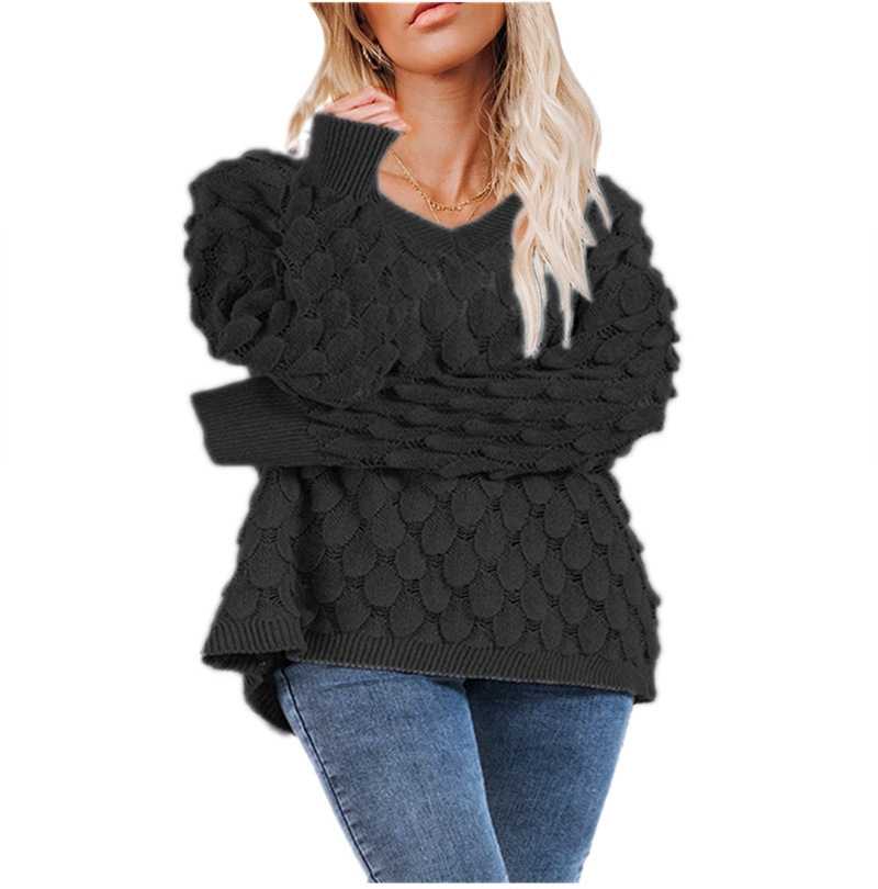 Europeo y americano invierno nuevo suéter de punto de pluma hueco cuello en V manga larga suéter femenino ventas directas de fábrica