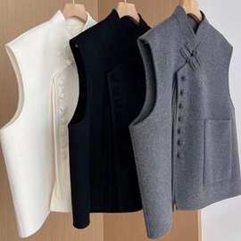 新中式 秋冬外穿立领流苏盘扣羊毛双面呢马甲女显瘦气质新款 代发