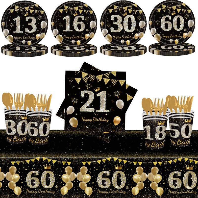 New Black Gold 30 Years Old 50 Years Old 60 Years Old Birthday Paper Tray suit Years Old Celebration Arrangement Disposable Dinner Plate Tissue