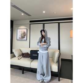 韩系复古条纹运动套装女秋冬季宽松显瘦卫衣外套阔腿裤休闲两件套