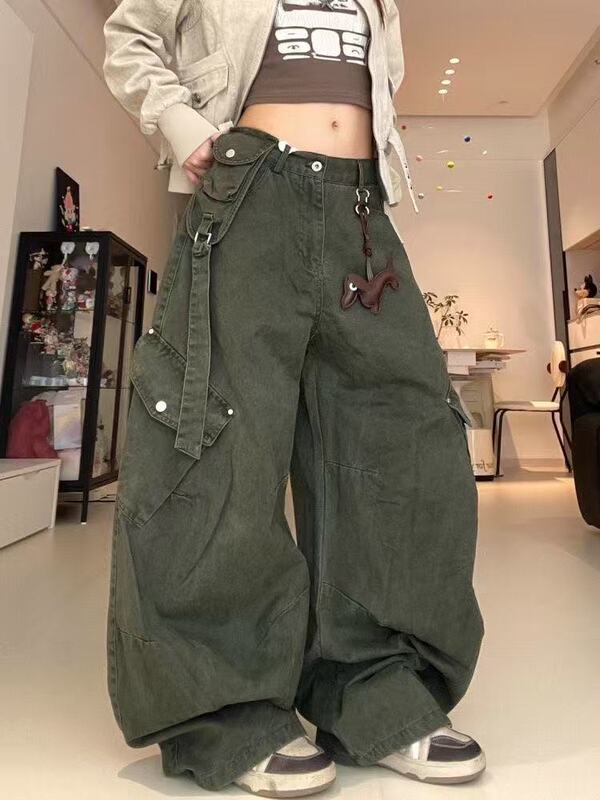 American Retro Multi-Pocket Military Green Workwear Jeans for Women, Autumn High Street Loose Fit Slimming Floor-Length Wide-Leg Pants American Retro Multi-Pocket Military Green Workwear Jeans for Women, Autumn High Street Loose Fit Slimming Floor-Length Wide-Leg Pants