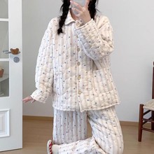 空气夹棉睡衣女冬季加厚保暖韩版简约休闲波点家居服两套装学生秋