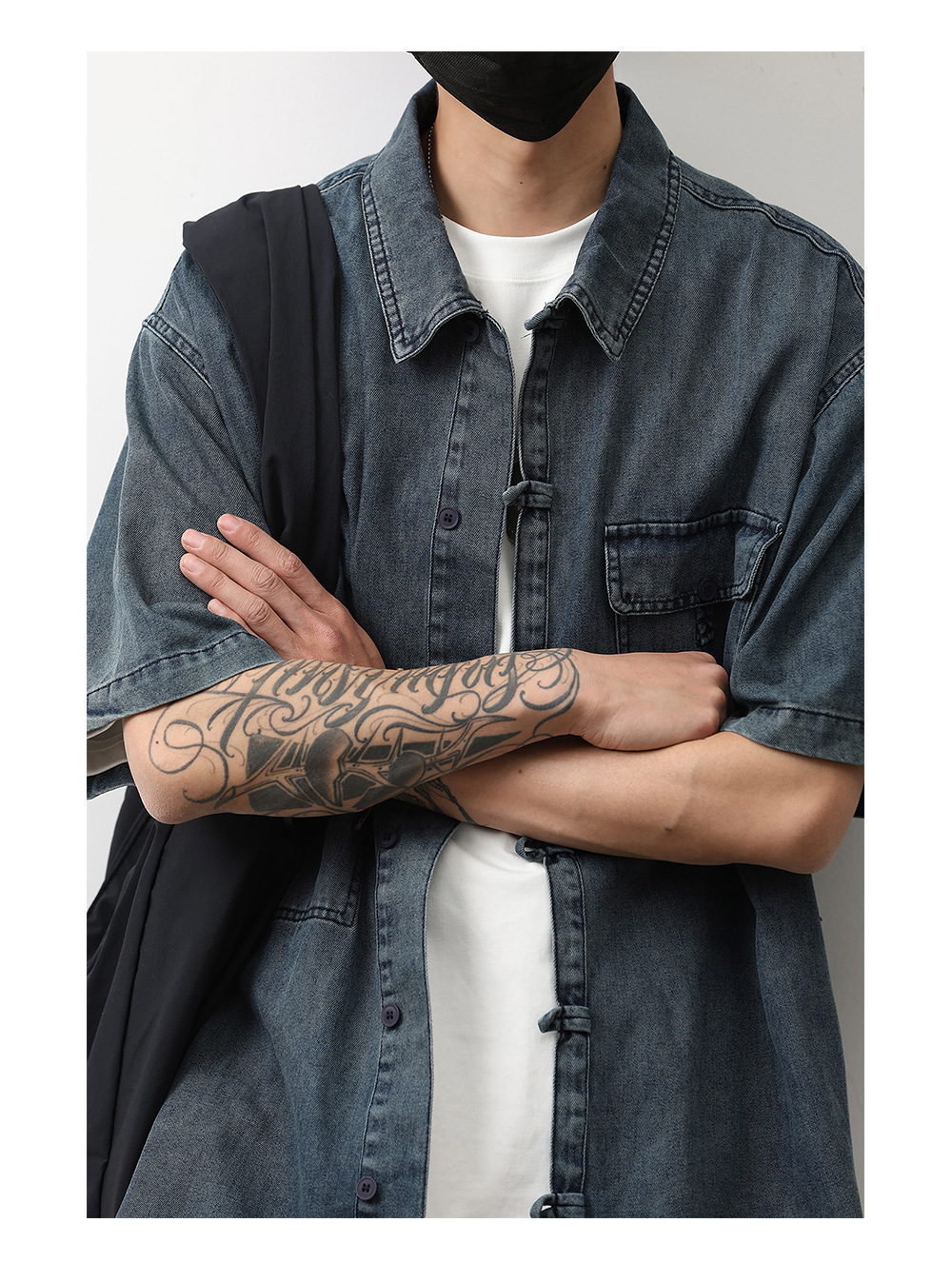 1 Denim Short Sleeve Summer New Chinese Niche Design Button Dark Blue Shirt Men's National Style Jacket Trendy_voghion.com
