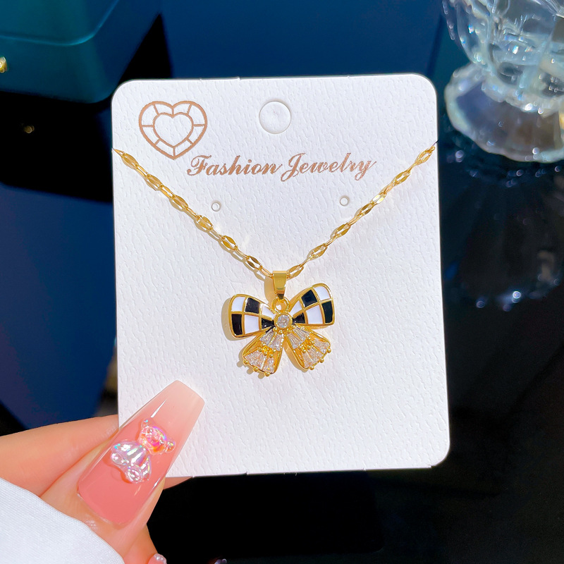 Fashion Bow Knot Titanium Steel Chain Inlay Artificial Diamond Pendant Necklace 1 Piece