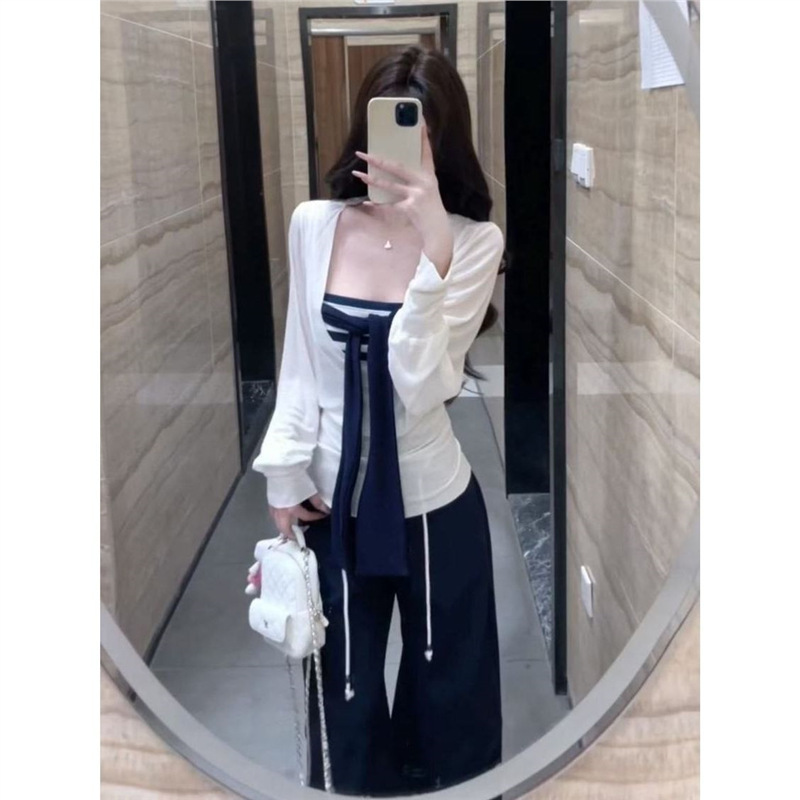三件套女2025早秋辣妹v领薄款长袖罩衫条纹抹胸高腰显瘦休闲裤潮|undefined