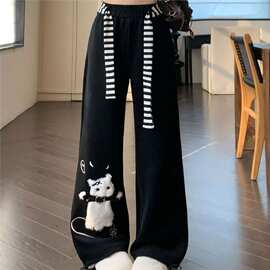 夏季慵懒风美式可爱猫咪黑色休闲长裤女大码胖MM垂感宽松阔腿裤子