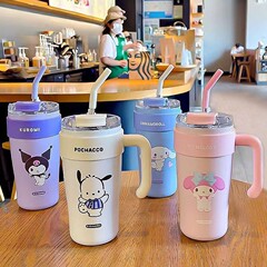 女の子向けのポータブルステンレススチールアイスカップ、見栄えの良いサンリオ魔法瓶カップ、大容量ハンドルカップ、漫画ストローカップ