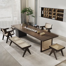新款新中式茶桌椅组合藤艺客厅茶几桌阳台泡茶台白蜡木大板茶桌藤