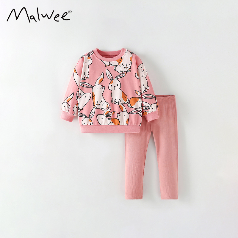 Malwee traje de otoño de dos piezas para niñas nuevo traje casual de niña de estilo occidental con estampado de cuello redondo para niños europeos y americanos