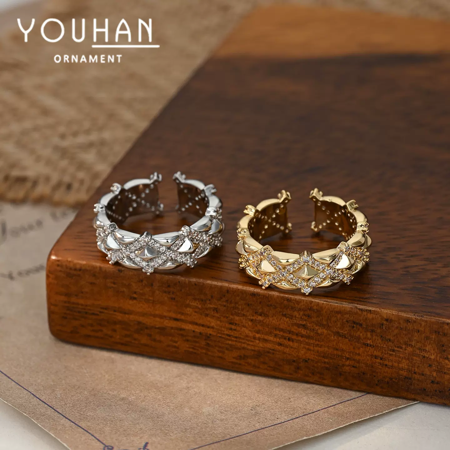 真金电镀微镶锆石个性开口戒指女高级感几何交叉指环ins风食指戒