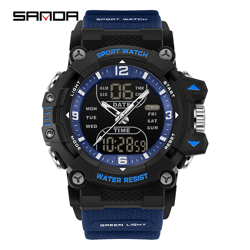 SANAD Sanda Dual Display Deportivo Estudiante Multifuncional Luz Nocturna Tres Destinados Reloj de pulsera Reloj electrónico de segmento impermeable