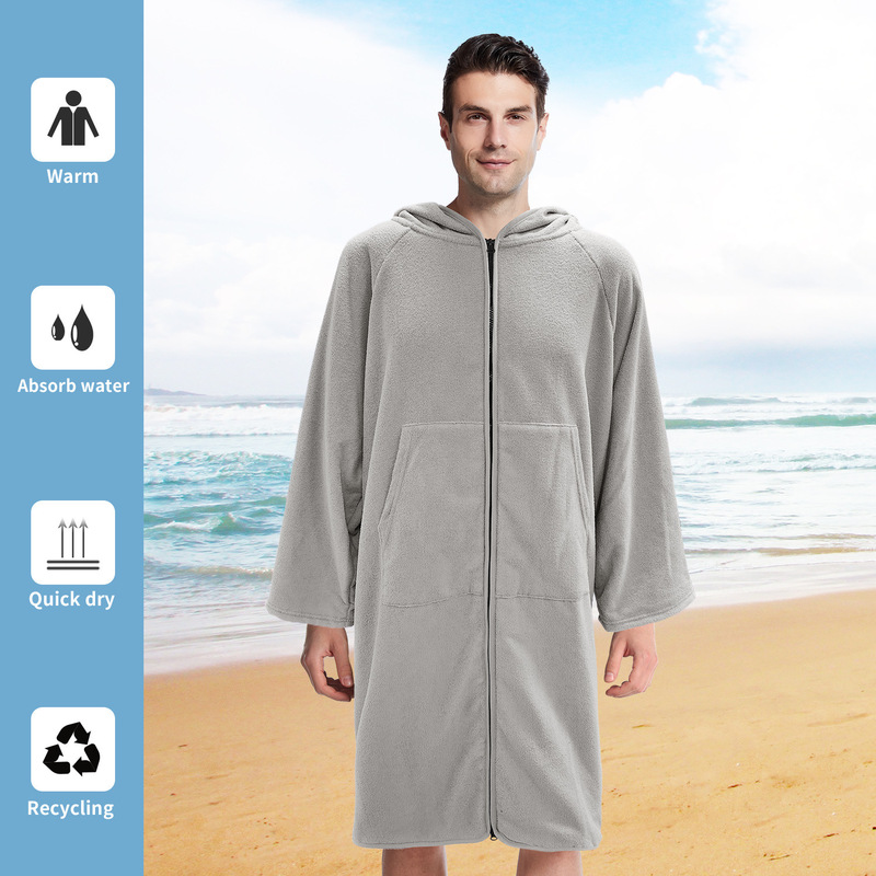 Cross-border microfiber terry hooded changing cloak bath towel with zipper clean couple beach surfing warm bathrobe