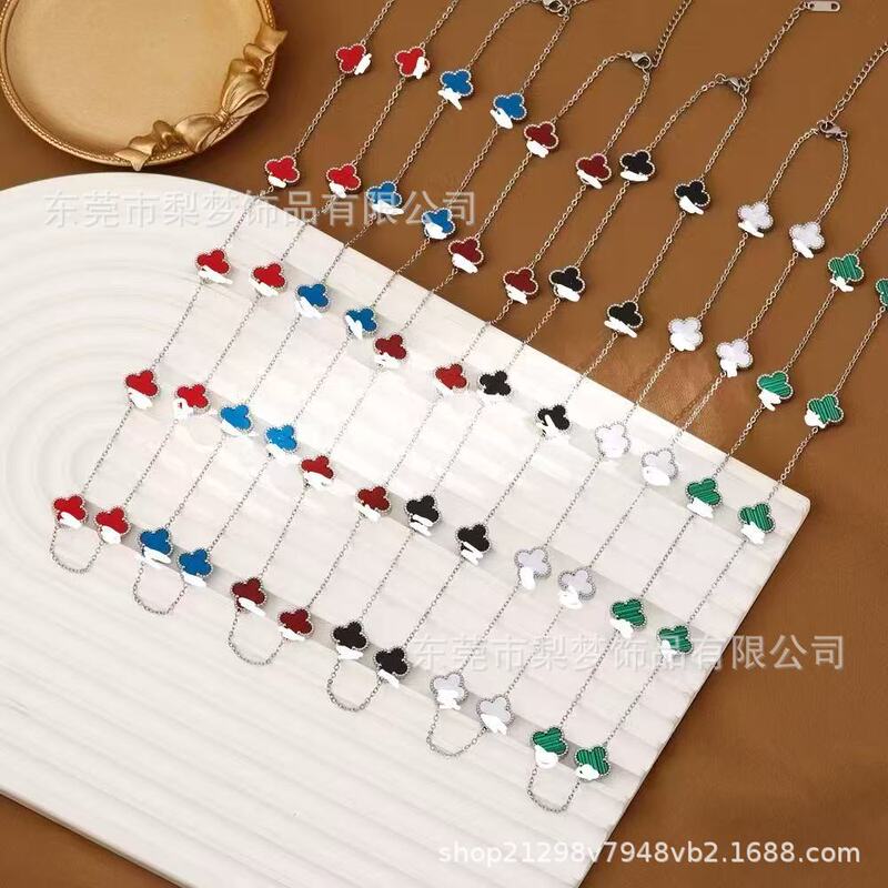 Cross-Border Popular Ten-Flower Lucky Four-Leaf Clover Necklace, Non-Fading Titanium Steel, Fashionable and Simple Mother-Of-Pearl Necklace, Direct from Manufacturer