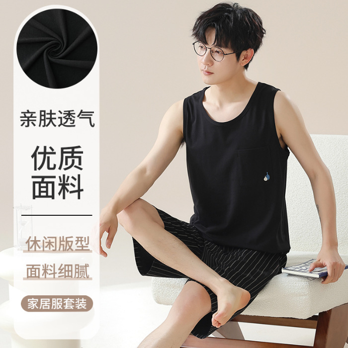 2024 verano de punto pijama de algodón chaleco de hombre pantalones cortos sin mangas delgados casero simple conjunto de ropa de casa al por mayor