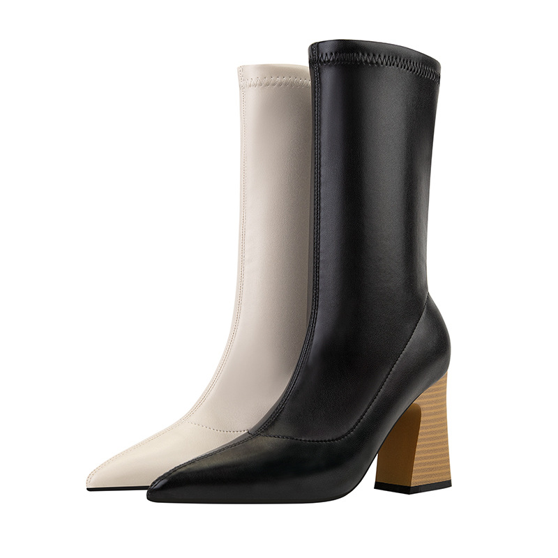 6068-1 the European and American fashion sexy wood with thick with high heels pointed show short tube of thin elastic thin short boots boots