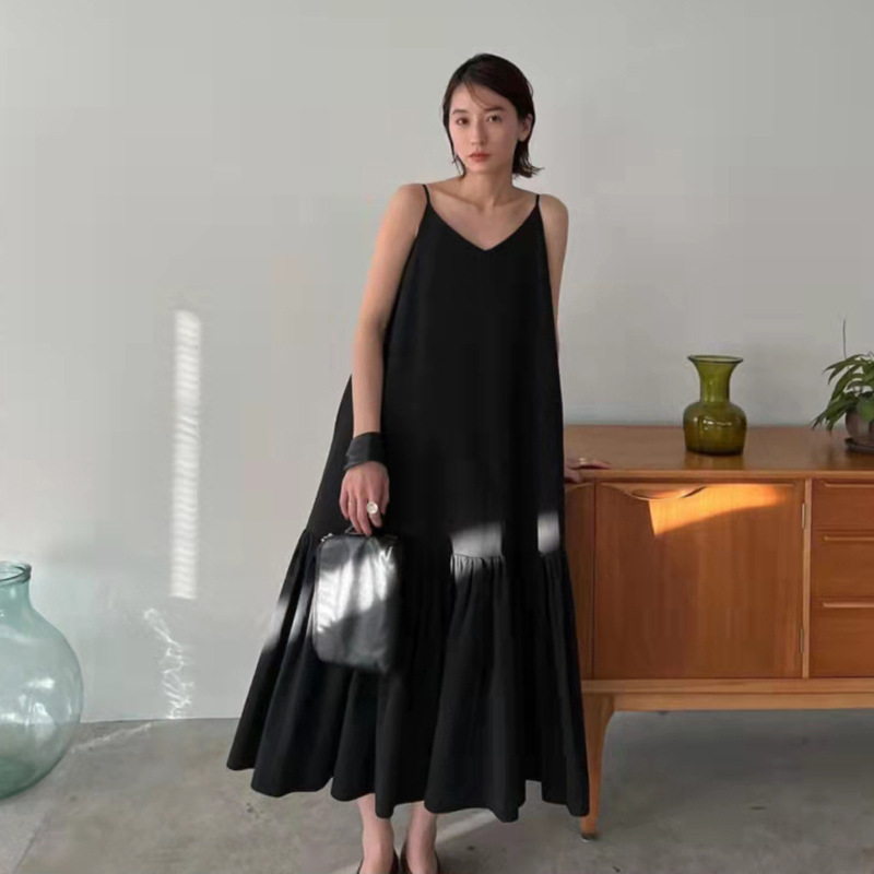 Japanese Niche Gentle Court Style Sling dress Loose Large A- Line Long Dress for Commuting Solid Color