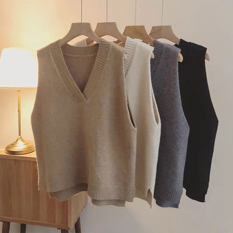 Chaleco de suéter con cuello en V Chaleco de punto sin mangas de estilo coreano de las mujeres simple estilo universitario ropa exterior suelta Chaleco de estilo occidental de moda