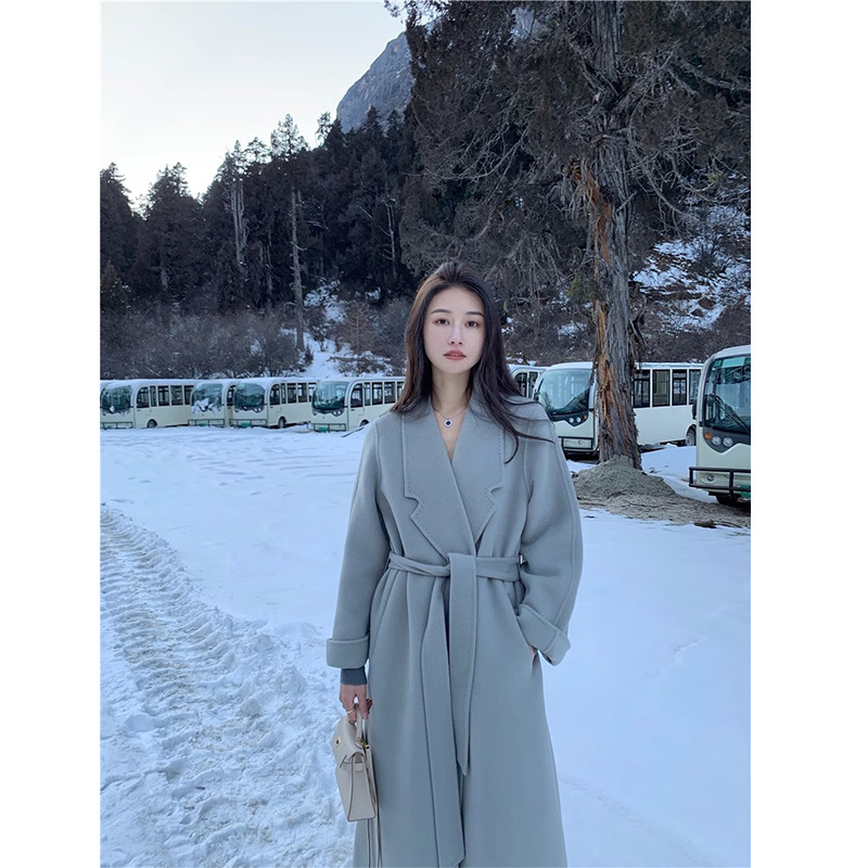 수제 양면 울 코트 여성용 2025년 신상 중간 길이 고급 울 겨울 모직 코트