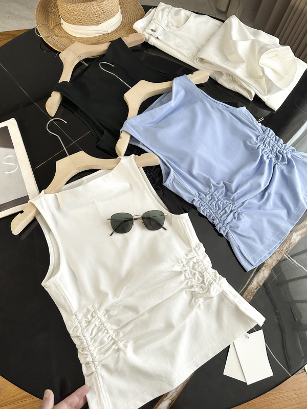 Great Deals! Keep It for Yourself! Stylish Boat Neck Slim Fit Pleated Slit Sleeveless Tank Top T-Shirt for Women, New for Summer