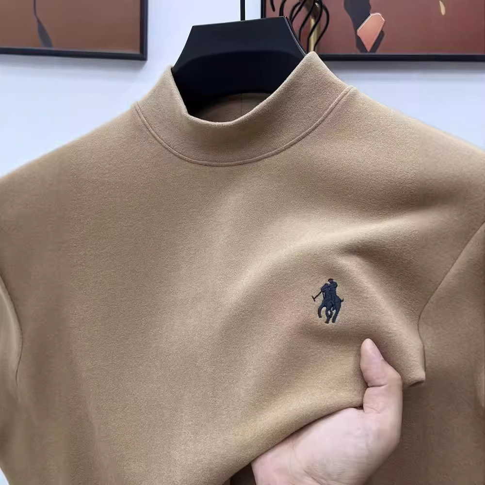 高档德绒打底衫男半高领纯色长袖t恤秋冬双面绒中青年保暖卫衣男