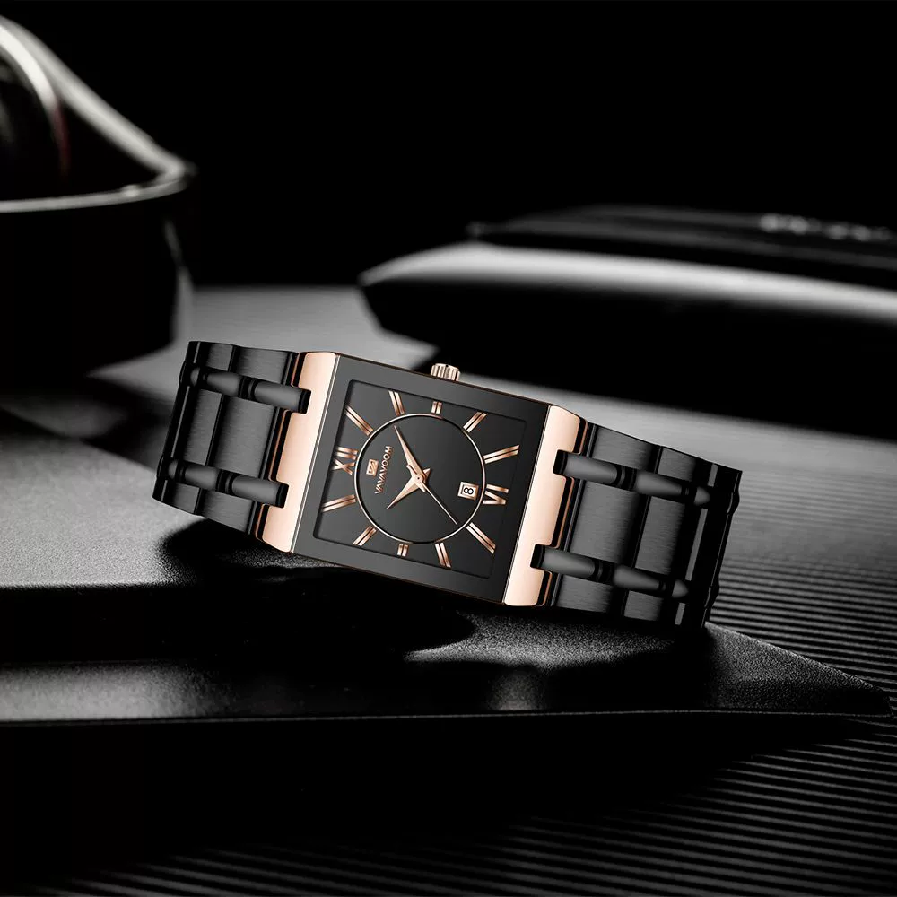 (Cross-border trading), rectangular steel belt stainless steel, golden watch, quartz calendar, waterproof dial, wholesale