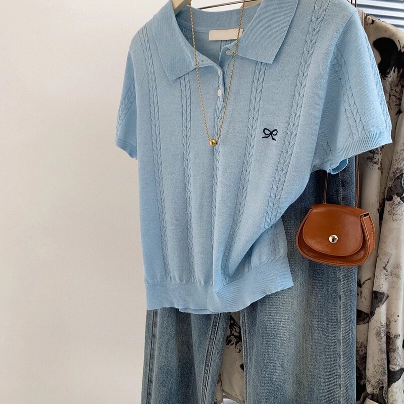 Blue Bow Embroidered Short-Sleeved Shirt for Women Summer 2026 New Style Right Shoulder Collar Ice Silk Knit Top