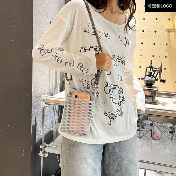 Sweet and Fresh Mobile Phone Bag for Women in Summer Outdoor Streamlined Travel Shoulder Bag Crossbody Mesh Portable Storage Bag