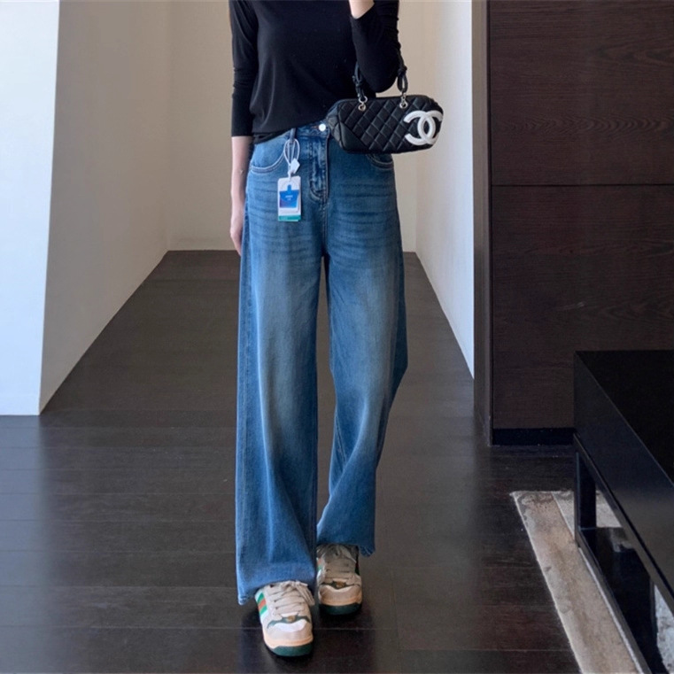 版型正 显腿长高腰显瘦宽松直筒阔腿裤女牛仔裤秋冬新款蓝色棉