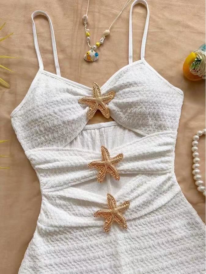 Textured Ruffle Strap One-Piece Swimsuit With Starfish Accent, Cutout Waist Design For Women's Vacation Hot Spring Wear_ecoleips.com