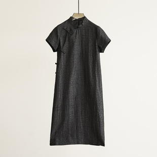 【古卷墨香】桑蠶絲香雲紗龜紋老料中式立領手工盤扣旗袍連衣裙女