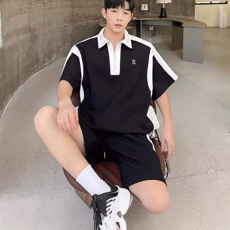 Summer Ins Trendy Brand Casual Sports suit Men's POLO Shirt T-Shirt Contrast Top Korean Style with Shorts Two-piece Set