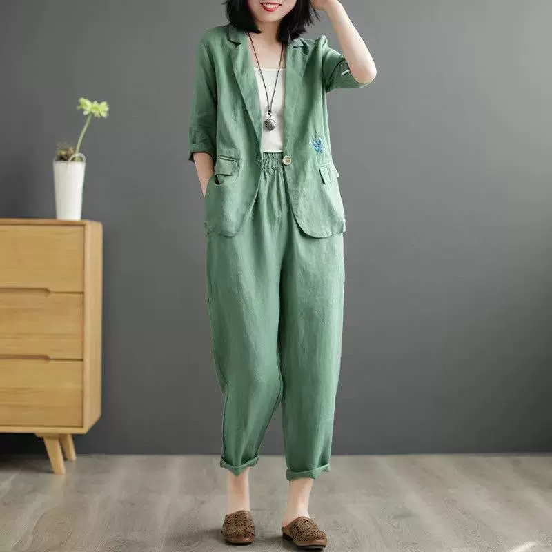 外贸出口棉麻小西服女蝴蝶绣花西装两件套休闲百搭五分袖开衫上衣