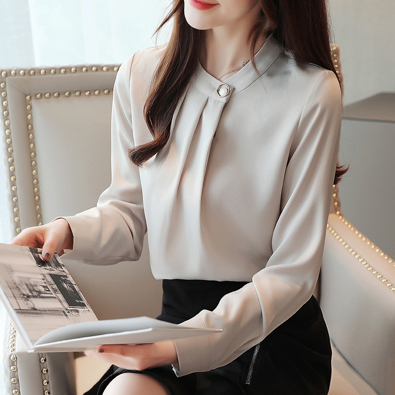 가을 2024 새로운 우아한 통근 전문 셔츠 디자인 틈새 한국식 긴팔 쉬폰 풀오버 탑