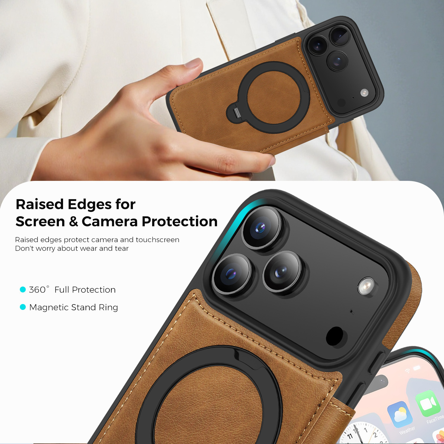 Ốp lưng da lật iPhone 16 Pro Max xoay 360 độ tích hợp giá đỡ từ tính — màu đen, màu xanh hoàng gia, Màu nâu, xám chi tiết 39