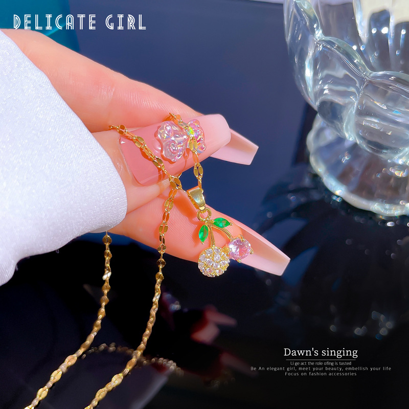 Sweet Cherry Titanium Steel Plating Inlay Rhinestones Pendant Necklace 1 Piece