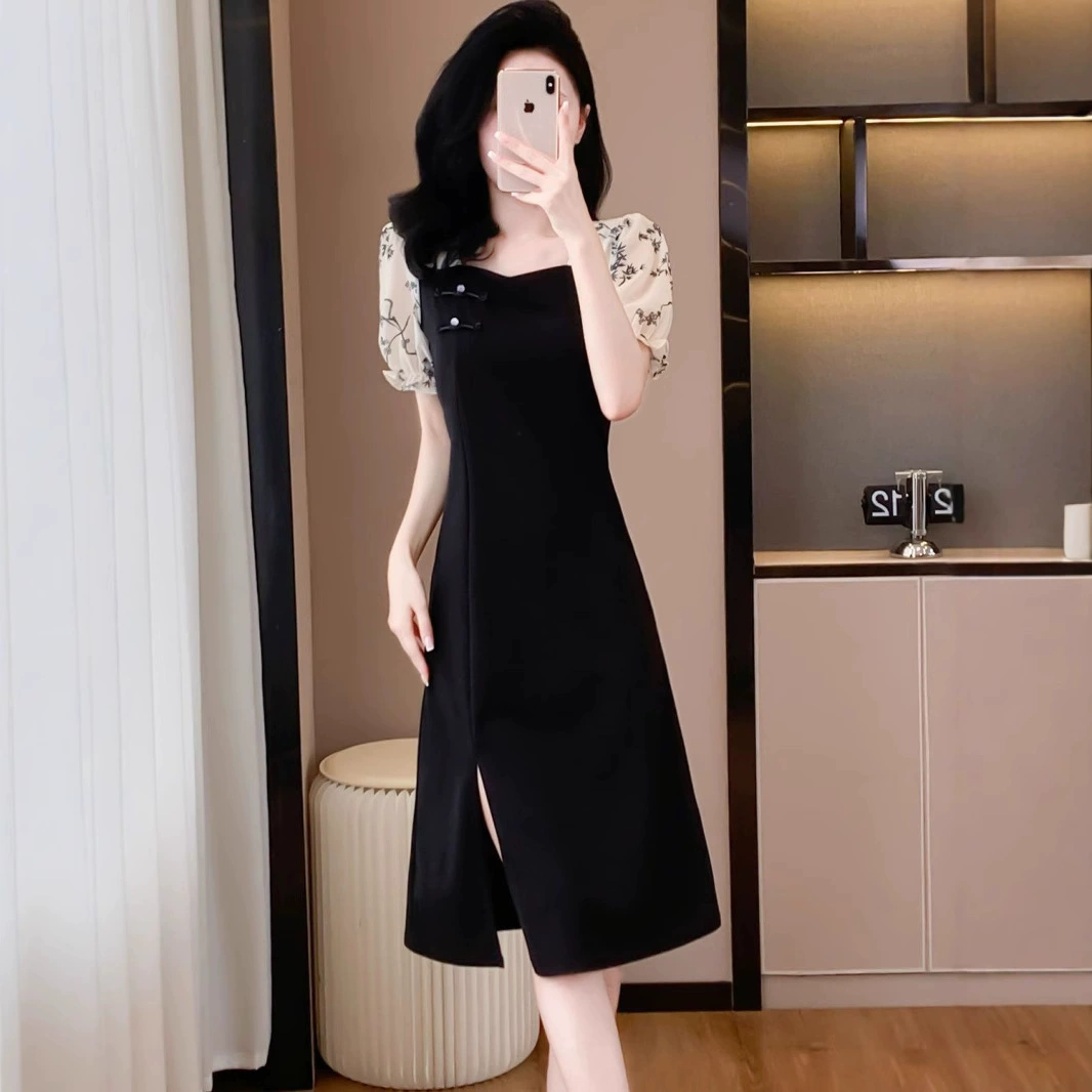 Летнее платье-чонсам 2025 года, улучшенный дизайн, китайский стиль, стройнящий силуэт, черное платье с вставками.
