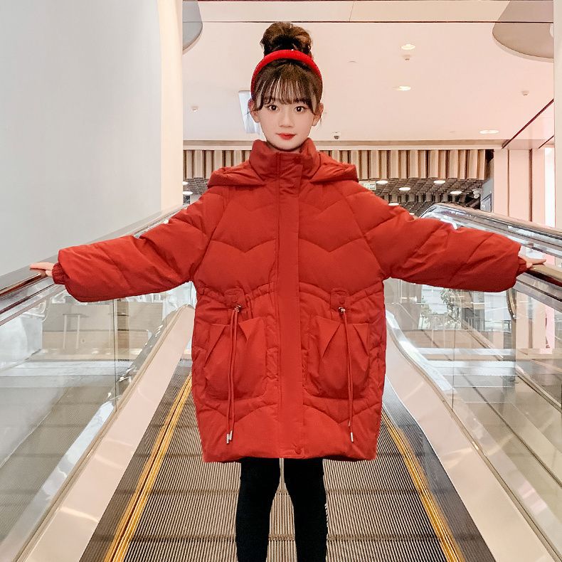 Girls' down jacket, winter wear, thickened, 2024 new style, children's winter mid-length white duck down coat, red for older children.