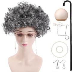 Mid-aged lady Halloween wig gray old woman curly hair elderly stage performance old man white hair costume