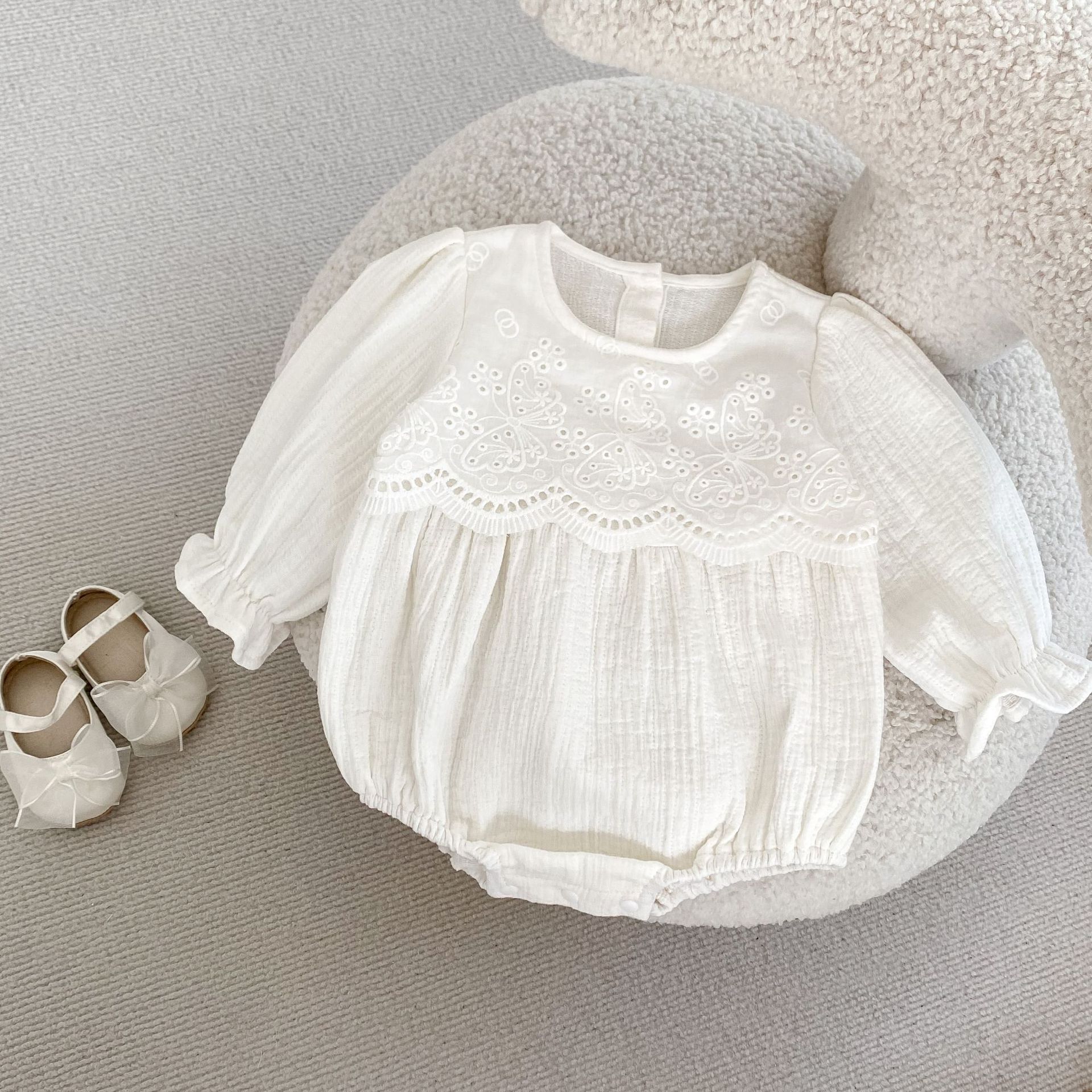 Baby and toddler autumn 2024 cotton bubble long sleeved khaki women's baby solid color ladylike bag fart triangle_voghion.com