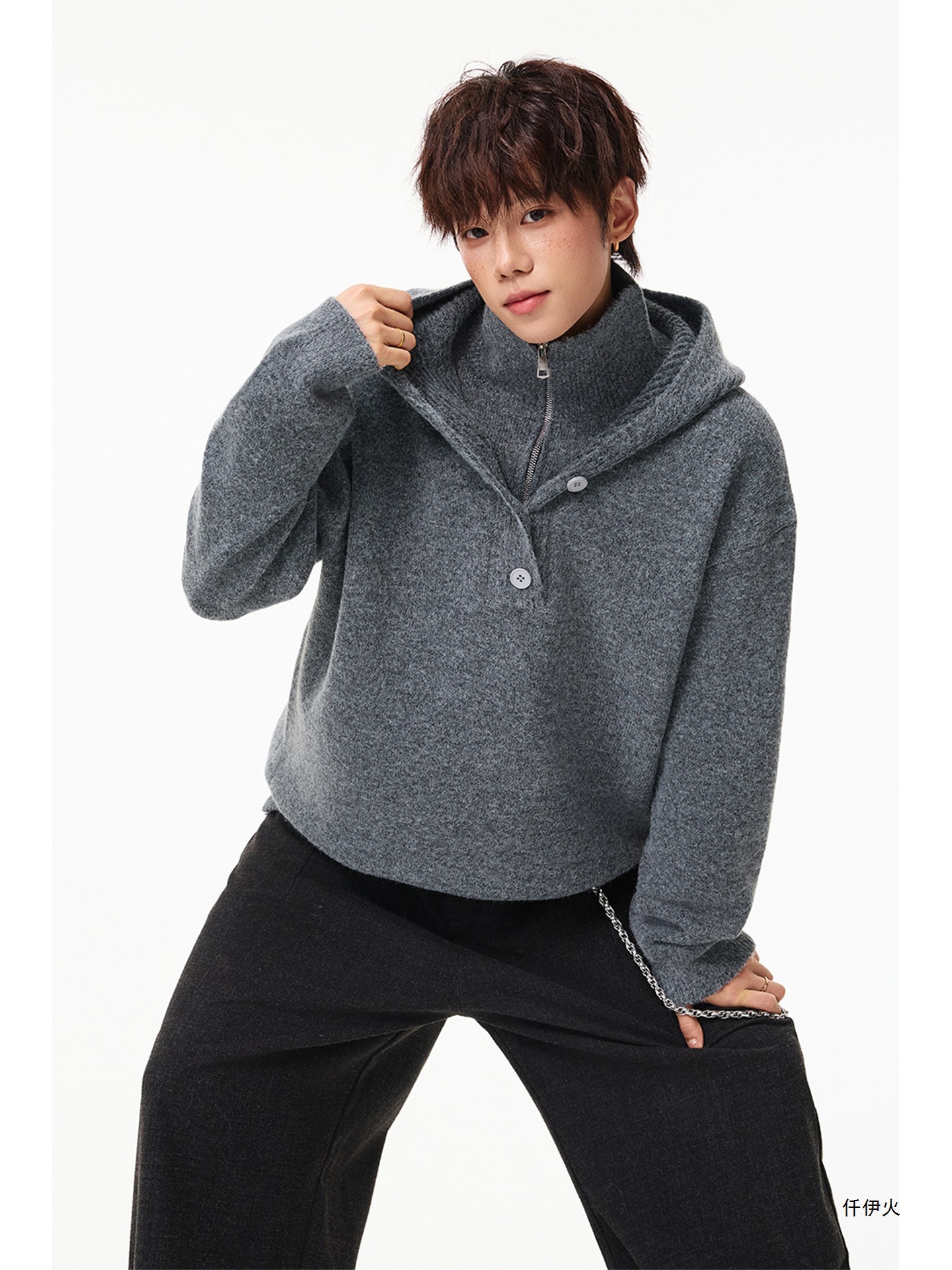 Men's knitted sweater, high-neck, half-zip, hooded cardigan, sporty style, plus size, faux two-piece design, for autumn and winter