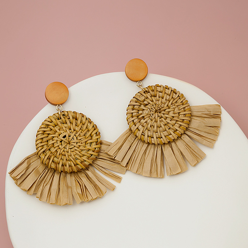 Solid Color Pattern Women'S Gender Wholesale Jewelry 1 Pair Ethnic Style Solid Color Raffia Drop Earrings